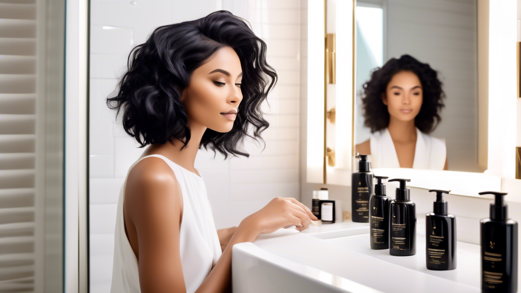 A woman with black hair featuring stunning blonde foils, looking radiant and confident. The setting is a chic, modern bathroom with a well-lit vanity area. She is applying a high-quality hair mask from a sleek, elegant bottle. Surrounding her on the vanity are an assortment of recommended hair care products such as sulfate-free shampoos, conditioners, and leave-in treatments. The background highlights a luxurious feel with a soft, inviting color palette. She smiles at her reflection, showcasing the vibrancy of her blonde foils.