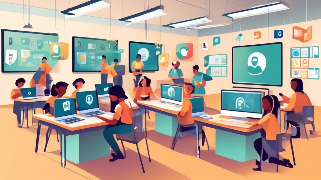 Create an image of a modern classroom where students are actively engaged in a collaborative learning project using laptops with an unblocked web browser. Show students interacting with each other, sharing information, and using digital tools. Highlight elements of digital literacy with icons of social media platforms, educational apps, and collaborative documents on their screens. The environment should be dynamic and inclusive, emphasizing positive and productive technological use.