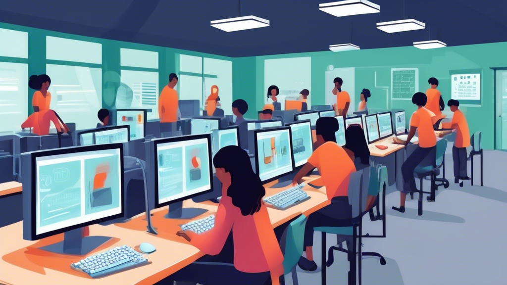Create an image depicting a school computer lab where students are using computers with an unblocked web browser. Show a teacher guiding the students, with visible cybersecurity measures in place like firewall graphics on the computer screens and a content filter notification. Highlight how the teacher instructs the students on safe internet practices, illustrating a balanced combination of accessibility and safety in the web browsing environment.