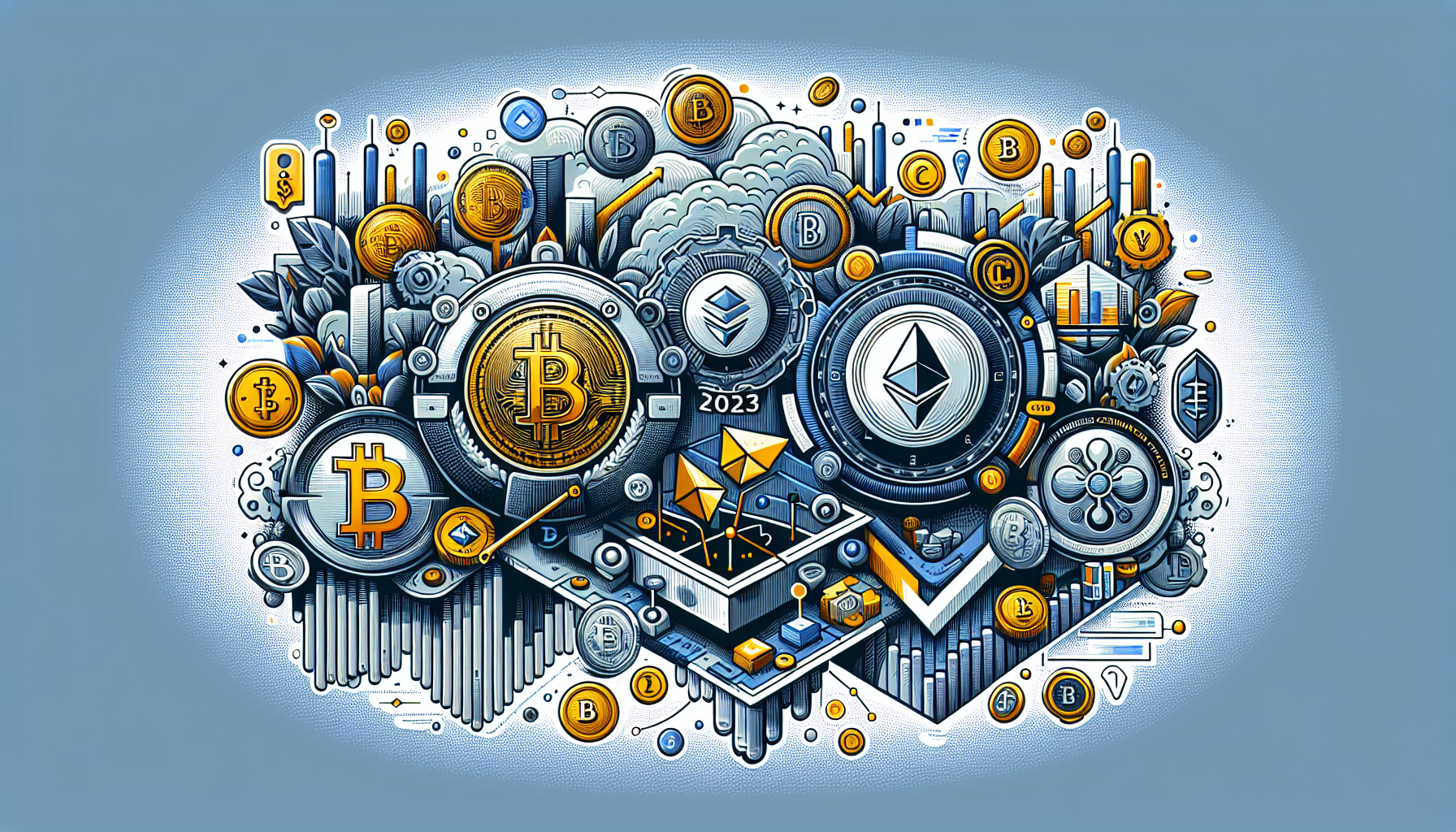 A detailed illustration of the most popular cryptocurrencies of 2023, showcasing leading digital coins like Bitcoin, Ethereum, and emerging ones like Solana and Cardano. Include visual elements representing their key features, historical charts of their performance, adoption rates, and icons symbolizing their impact on the market. The style should be modern and data-focused, reflecting the dynamic growth and competitive landscape of these digital currencies.