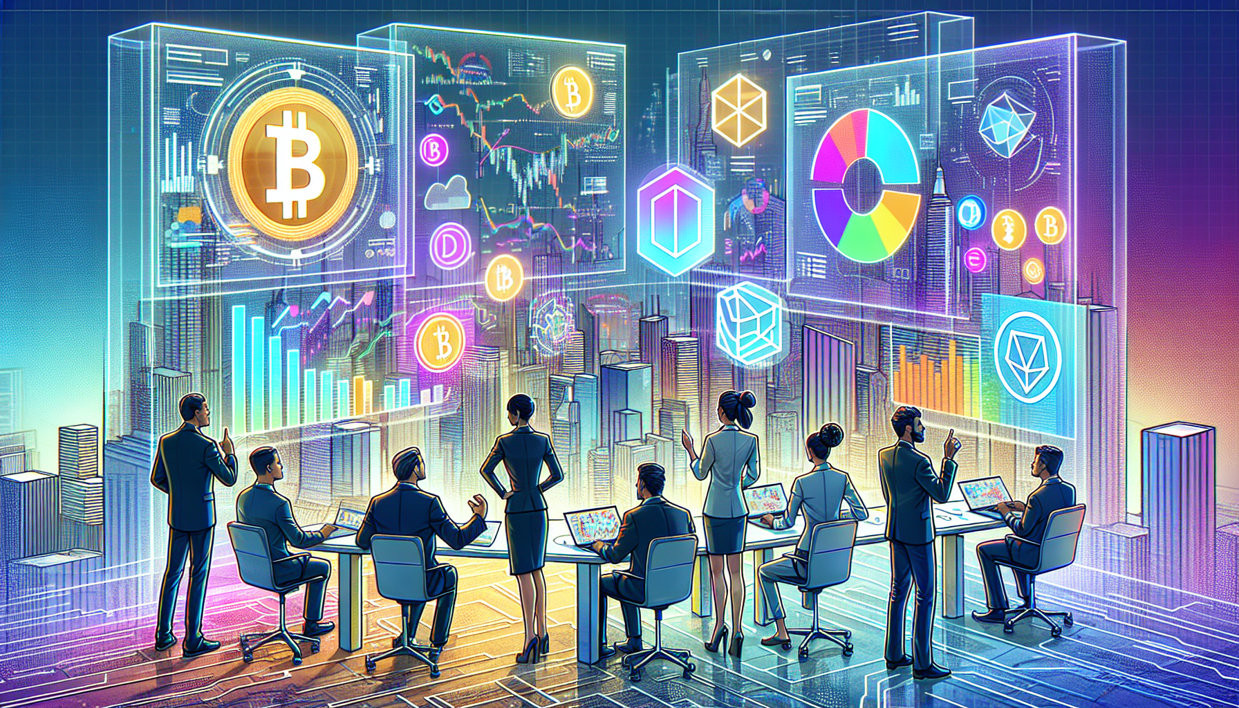 A futuristic cityscape with holographic billboards displaying popular cryptocurrencies like Bitcoin, Ethereum, and others. In the foreground, diverse experts are engaged in discussions and presentations, with charts and graphs predicting future trends. Some screens highlight potential challenges and opportunities for these cryptocurrencies. The background features advanced technology and a bustling economy symbolizing the long-term implications for investors, businesses, and the global market.