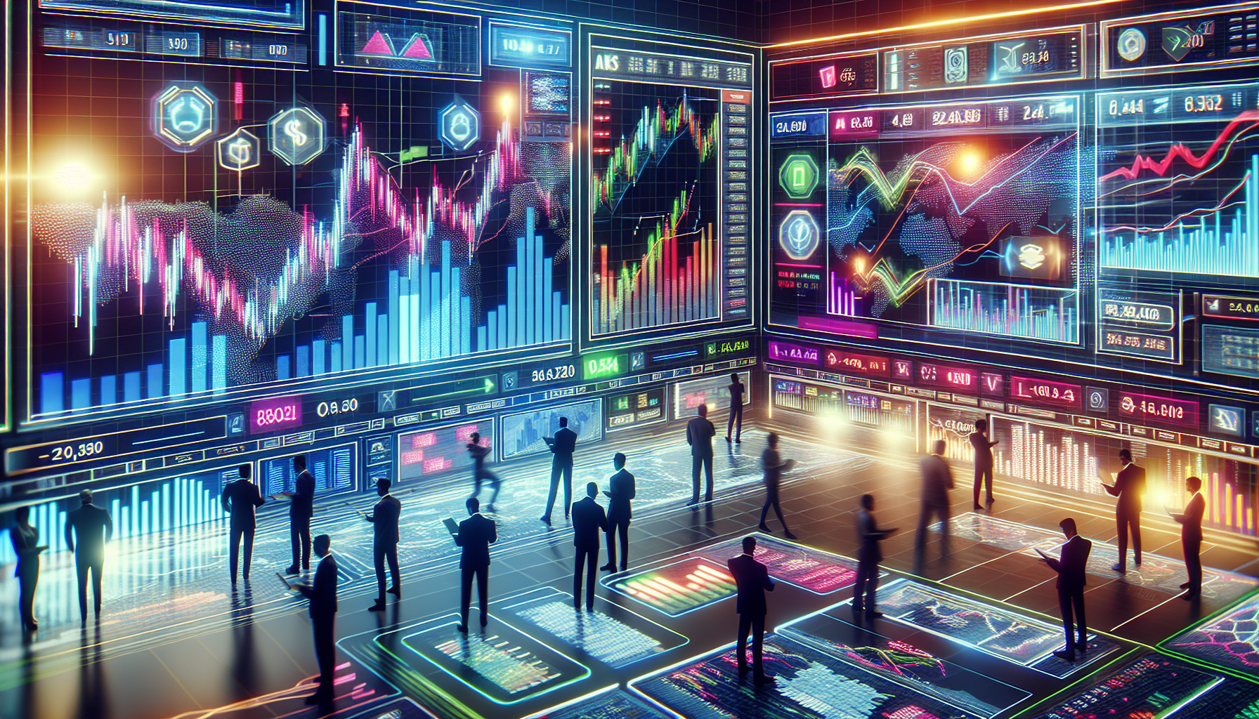 A futuristic stock trading interface with multiple charts and graphs, displaying impressive gains and high leverage indicators. Traders are seen interacting with various tools and features on the platform, showing efficiency and expertise. The scene captures the dynamic and vibrant atmosphere of a modern margin trading environment, with digital displays highlighting investment opportunities and potential for high returns.
