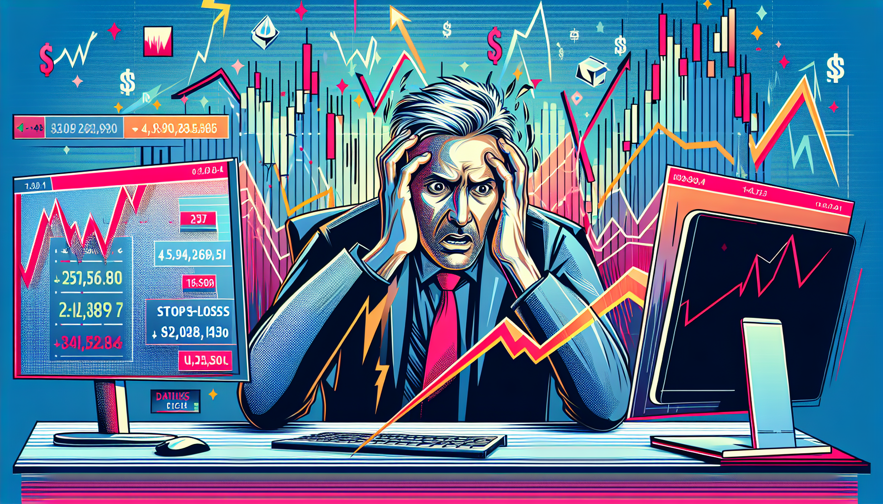 Create an informative and dramatic illustration that portrays the risks associated with margin trading platforms, highlighting aspects like margin calls and potential for significant losses. Show a stressed trader in front of a computer screen displaying plummeting stock prices, surrounded by visuals of volatility and unpredictable market movements. Include symbols or icons that represent risk mitigation strategies, such as stop-loss orders and diversification techniques. Use a mix of cool and warm tones to evoke a sense of urgency and caution.