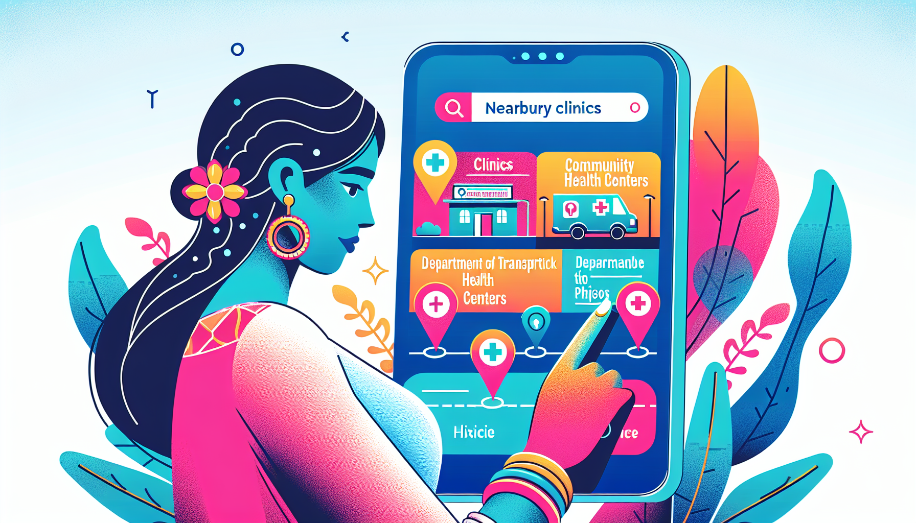 DALL-E image of a person using a smartphone app to search for ‘$60 DOT physical near me’, displaying various nearby clinics on a map interface, with distinct indicators for community health centers and other clinics that offer affordable DOT physical services. Include visual elements like drop pins on a digital map, a search bar, and a list of clinic names and prices visible on the phone screen.