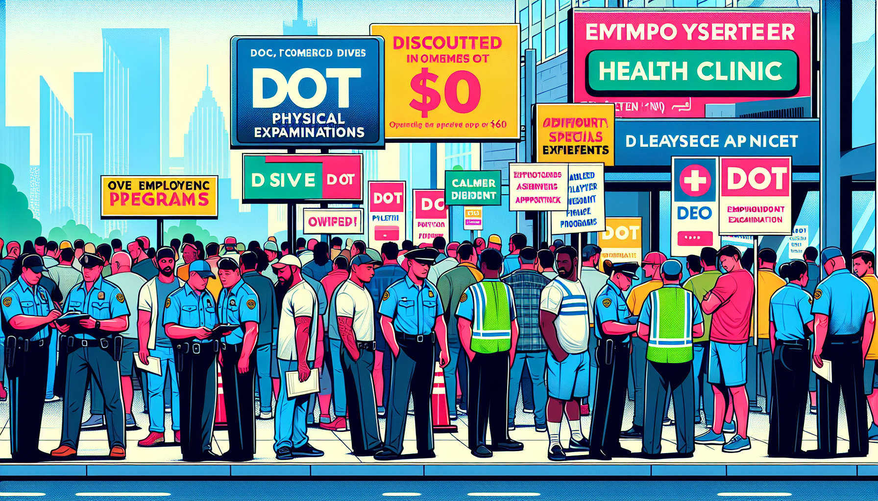 An illustration depicting a busy promotional event at a clinic offering discounted $60 DOT physicals, with banners advertising various deals, a line of commercial drivers waiting, and staff handing out coupons and brochures about employer assistance programs.