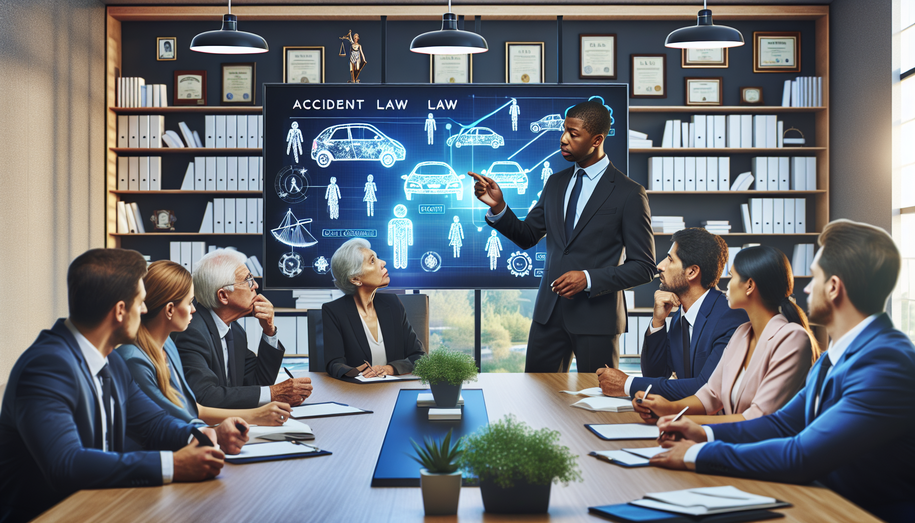 DALL-E prompt: Illustrate a professional setting where an accident lawyer is demonstrating expertise to a diverse group of attentive clients in a brightly lit, modern conference room. The lawyer, a middle-aged African American male, is pointing at a large digital board displaying complex accident law scenarios. Around the table, clients of various ethnicities listen intently, some taking notes. In the background, shelves are filled with law books, certificates, and client testimonials displayed prominently. The atmosphere conveys trust, professionalism, and clear communication.