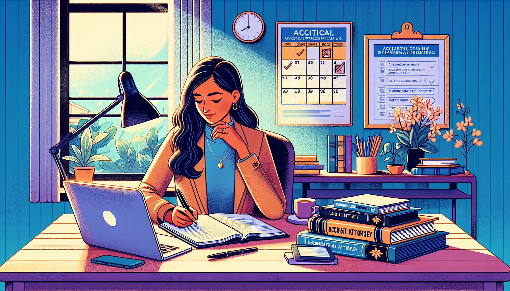DALL-E prompt: An illustration depicting a person sitting at a desk, surrounded by legal books and a laptop open to an online professional directory. The person is thoughtfully making notes on a notepad, symbolizing the search for the best accident lawyer. In the background, a visible calendar shows consultations scheduled, reflecting the active evaluation phase. The setting is a cozy, well-lit home office with a window showing a peaceful outside view. The image should convey a sense of diligence and careful consideration in the search process.