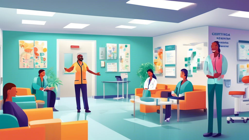 An inviting health clinic setting with friendly staff assisting drivers. The clinic features certifications on the wall, modern medical equipment, and drivers sharing their positive testimonials. Emphasize a welcoming, professional environment that highlights the importance of choosing the right wellness and drivers physical clinic.