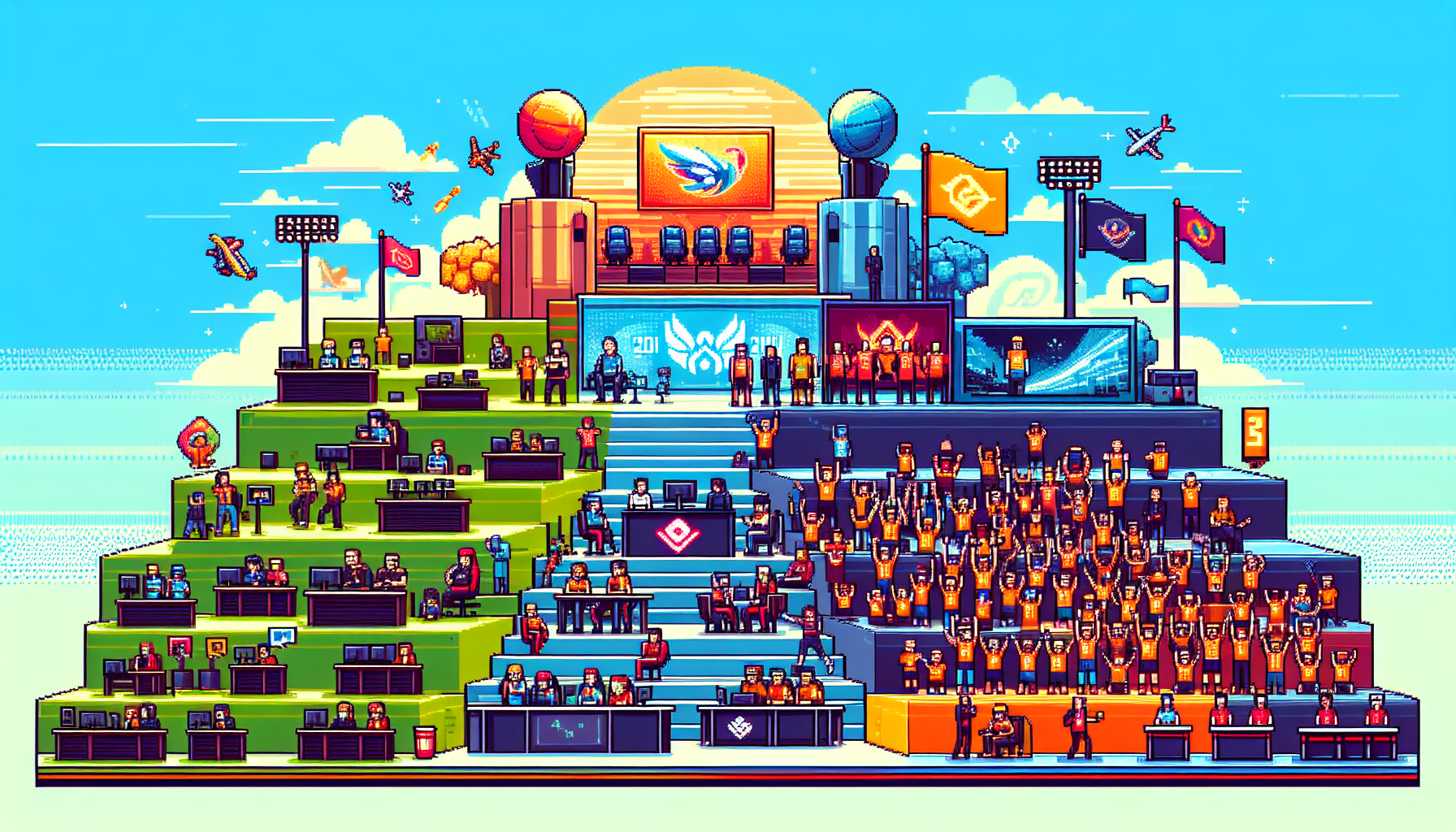 Create an image depicting the dynamic journey of League of Legends esports