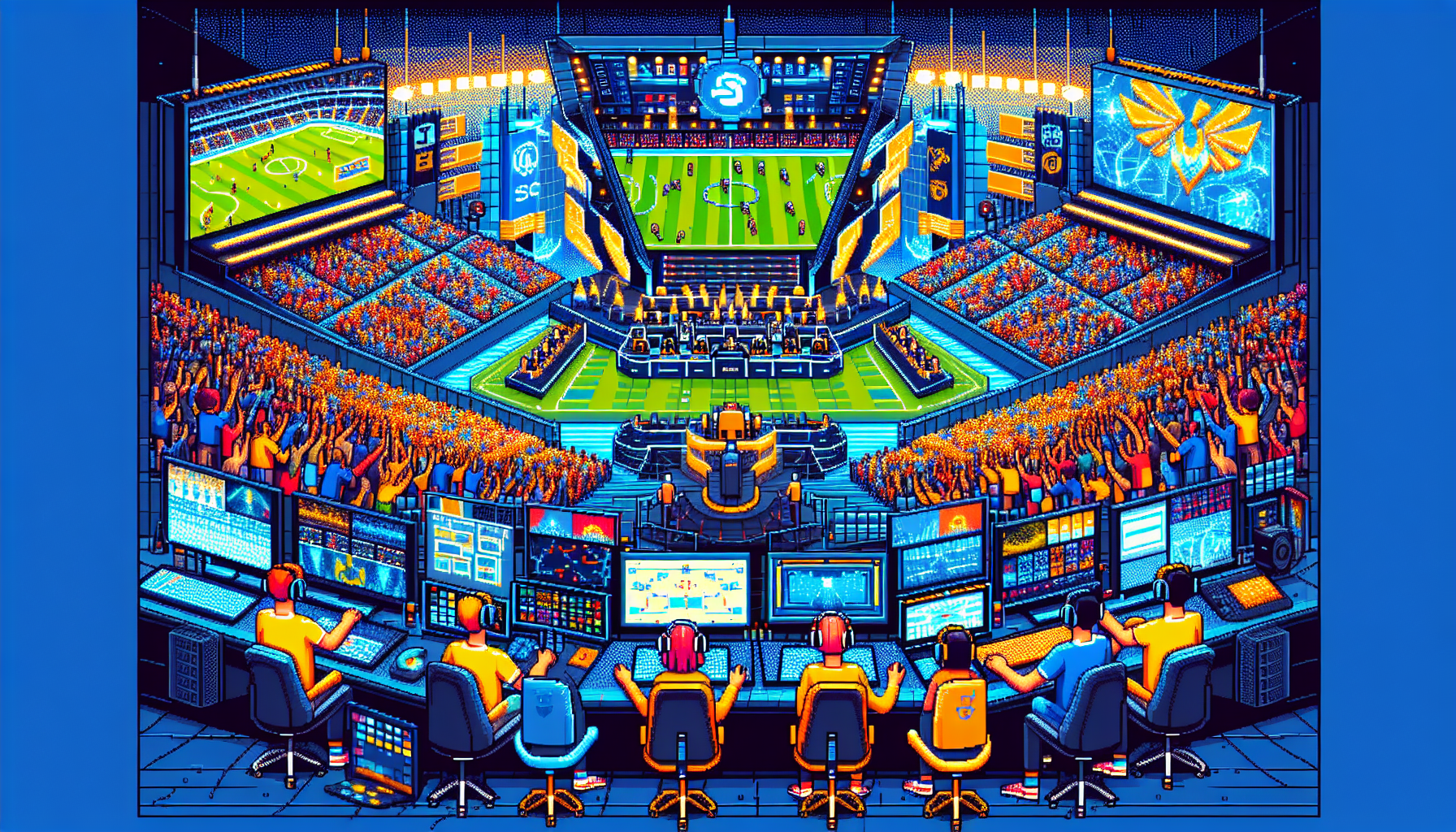 Create an image depicting the vibrant and dynamic world of League of Legends esports. Incorporate elements that showcase its cultural and economic impact on the gaming industry, such as enthusiastic fans in a large stadium, professional players at their gaming stations, and high-tech production equipment. Highlight the emerging trends in the community with visuals of interactive fan experiences and advanced player training facilities. Use a futuristic art style to speculate on the potential growth and future trajectory of League of Legends esports.