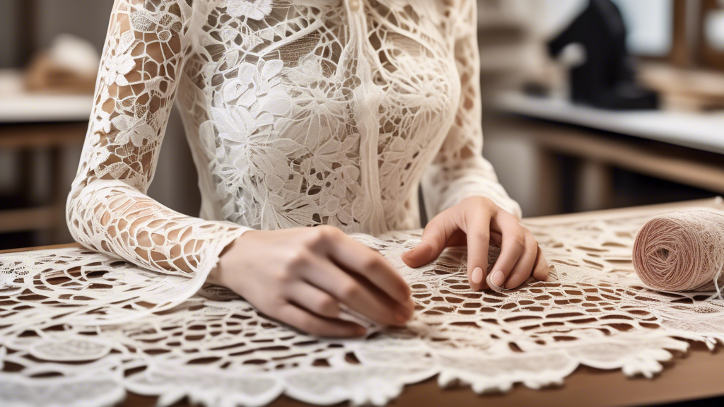 Create an image that highlights the evolution of lacework techniques by comparing traditional hand-made lace with modern machine-made lace. The scene shows a modern workspace where artisans are currently engaged in lacework. On one side, an experienced artisan meticulously works with traditional tools and fine threads to create intricate hand-made lace designs. On the other, a sleek, state-of-the-art machine is producing lace using synthetic fibers. The contrast between the old and new methods is visually striking, underscoring the blend of tradition and innovation in contemporary lacework.
