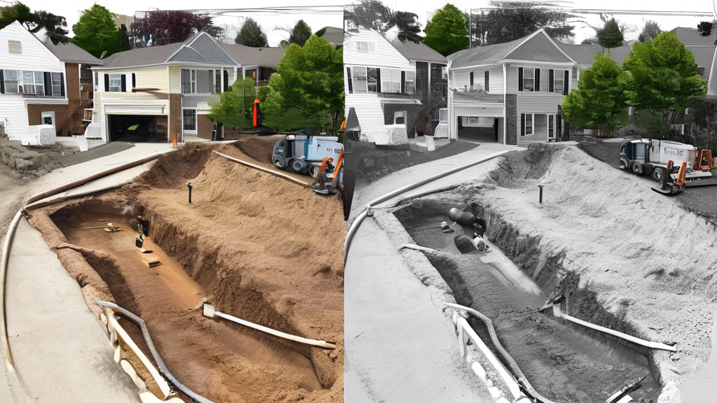 DALL-E prompt for an image related to outline point #2:

Split-screen comparison: On the left, a traditional excavated sewer repair with heavy machinery and a large trench in a residential yard. On the right, a minimally invasive trenchless sewer repair operation with a small access point and intact landscaping. Both sides show workers, but the trenchless side has less equipment and disruption.