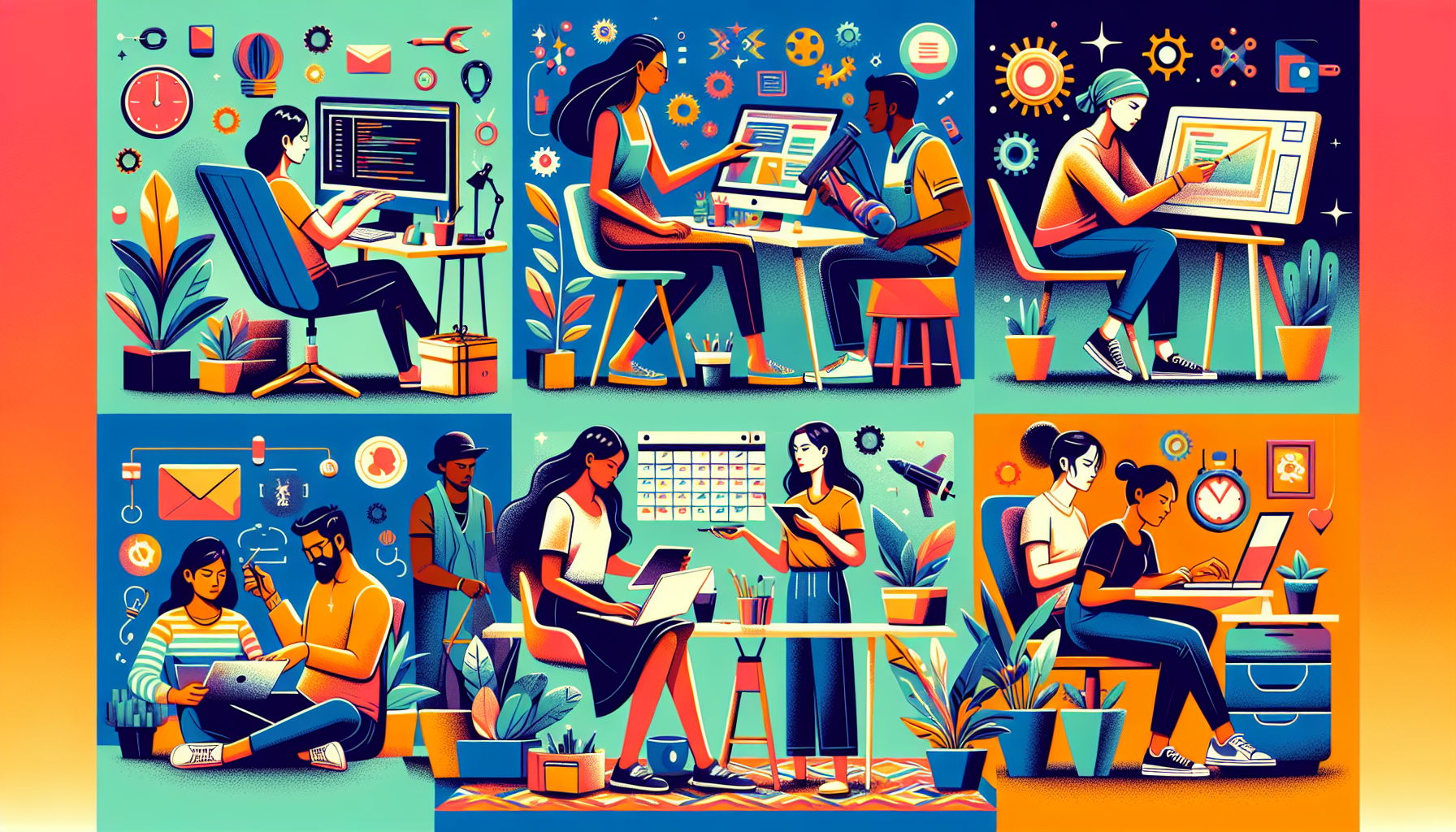 Create an image of a diverse group of people working on their side hustles in various settings. One person is at a computer coding, another person is designing graphics on a tablet, and yet another is writing content on a laptop. There