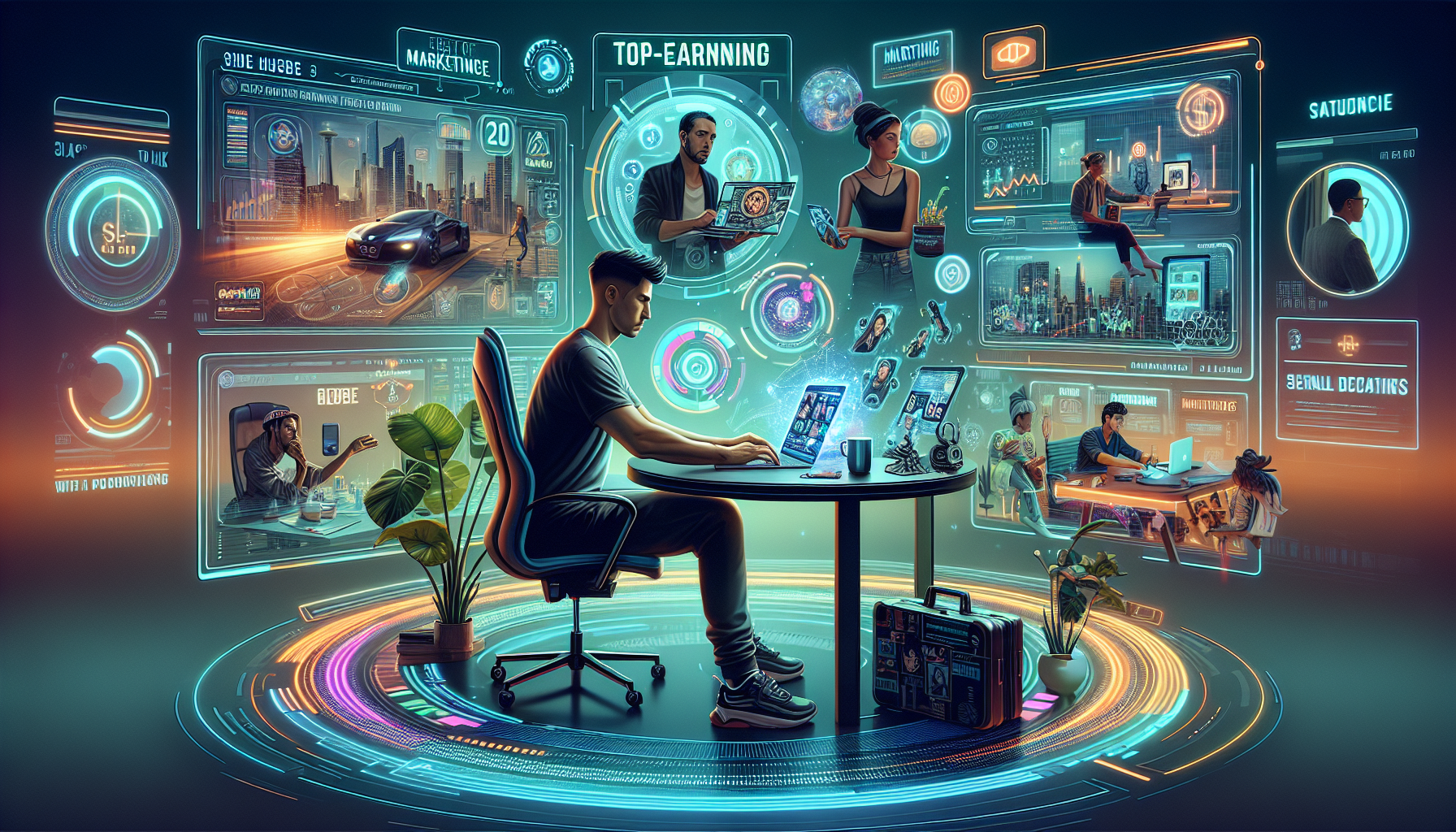 Title: Maximizing Your Side Hustle Income in 2022

Prompt: A futuristic and vibrant workspace setting showcasing various types of side hustles from 2022. The main scene features a young, diverse professional sitting at a sleek desk using a modern laptop, surrounded by holographic charts and graphs indicating high-paying gig trends. Around the main figure, include smaller scenes that show snippets of different side hustles such as a virtual assistant working remotely, an artist selling on Etsy, and an online tutor conducting a video session. Incorporate elements of marketing, like digital advertisements, social media posts, and productivity tools (such as apps and planners) that emphasize strategies and resources for enhancing side hustle success. The overall atmosphere should convey innovation, efficiency, and the potential for significant income.