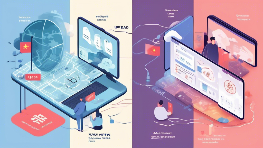 Create an illustration of a split screen showing two halves: one side features key elements of a VPN interface (server selection, security protocols), and the other side showcases a map highlighting VPN servers in China. Include icons representing high-level encryption, user reviews, and cost comparison charts to give a visual representation of selecting the best VPN for a China IP address.