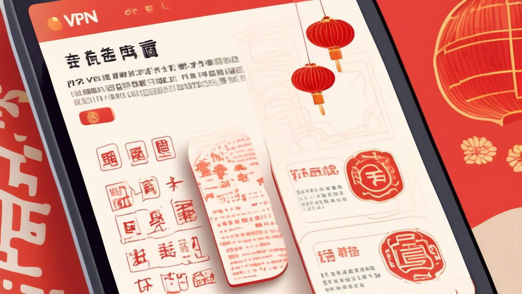 A user-friendly guidebook open on a digital device screen, showcasing step-by-step instructions for setting up a VPN to obtain a China IP address. The guidebook includes screenshots of a VPN client installation process, selecting a China-based server, and verifying the IP address. The background includes elements symbolic of China, such as the Great Wall and Chinese lanterns, and modern technology symbols like WiFi and security shields, to emphasize the blend of culture and tech.