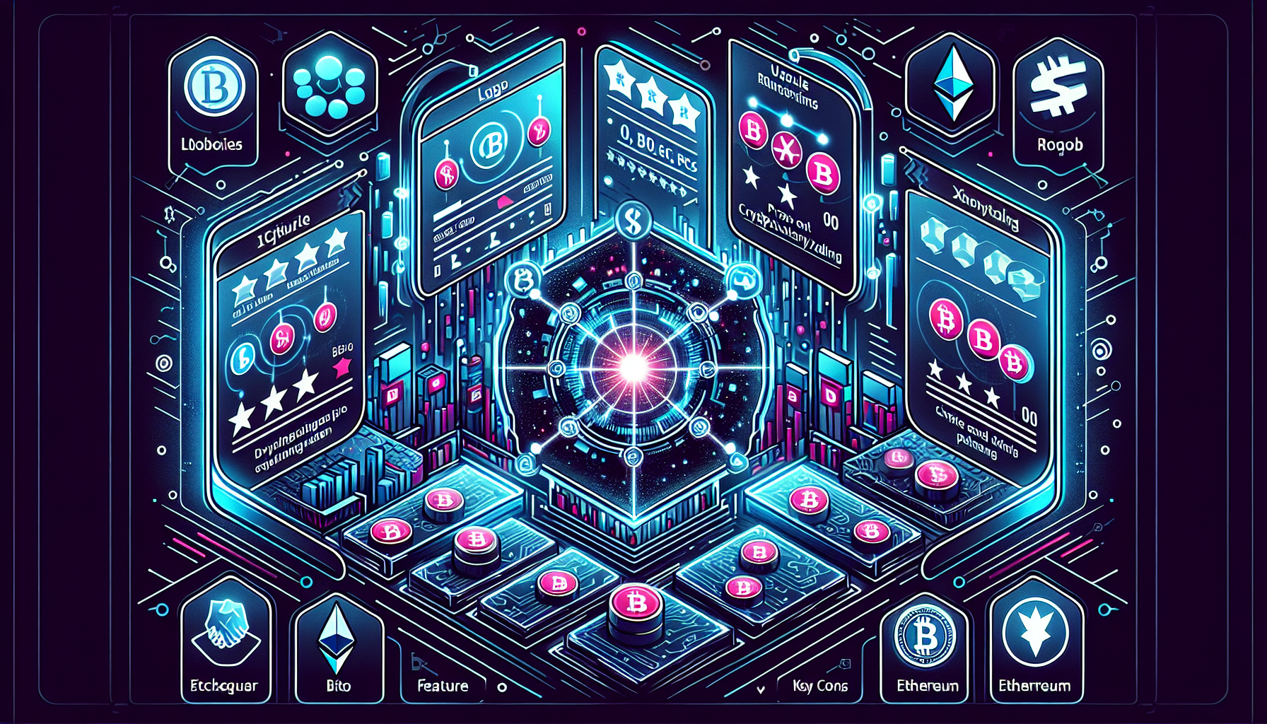 Create an image showcasing a futuristic digital interface with multiple screens displaying the top 5 crypto trading platforms of 2023. Each screen should feature logos, user ratings, key features, and pros and cons of the platforms like Binance, Coinbase, Kraken, Bitfinex, and Gemini. The background should have elements of digital currencies like Bitcoin, Ethereum, and other blockchain symbols to emphasize the focus on cryptocurrency trading.