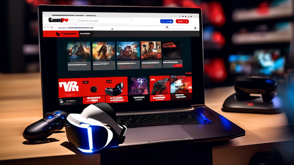 A consumer browsing the GameStop online store on a laptop, showcasing the PSVR2 product page with options for payment, shipping, and adding to cart. Visually emphasize the sleek design of the PSVR2 and the user-friendly interface of the GameStop website. Include elements like credit card logos, shipment tracking icons, and a GameStop logo in the background.