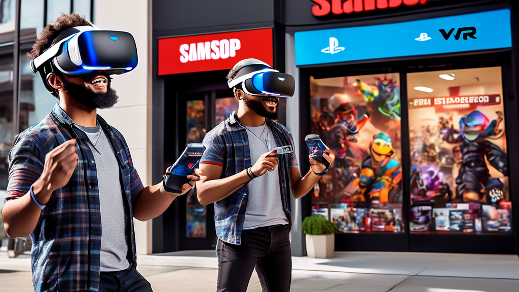 Create an image of an enthusiastic gamer holding a PSVR2 headset, standing in front of a GameStop store that prominently displays banners and posters advertising exclusive deals and special bundles for PSVR2. The store windows showcase colorful promotional signs highlighting discount offers, trade-in deals, and exclusive VR game packages. The atmosphere is energetic and inviting, drawing attention to the unique GameStop promotions for the PSVR2. Keywords to include: PSVR2, GameStop, exclusive deals, bundles, promotions.