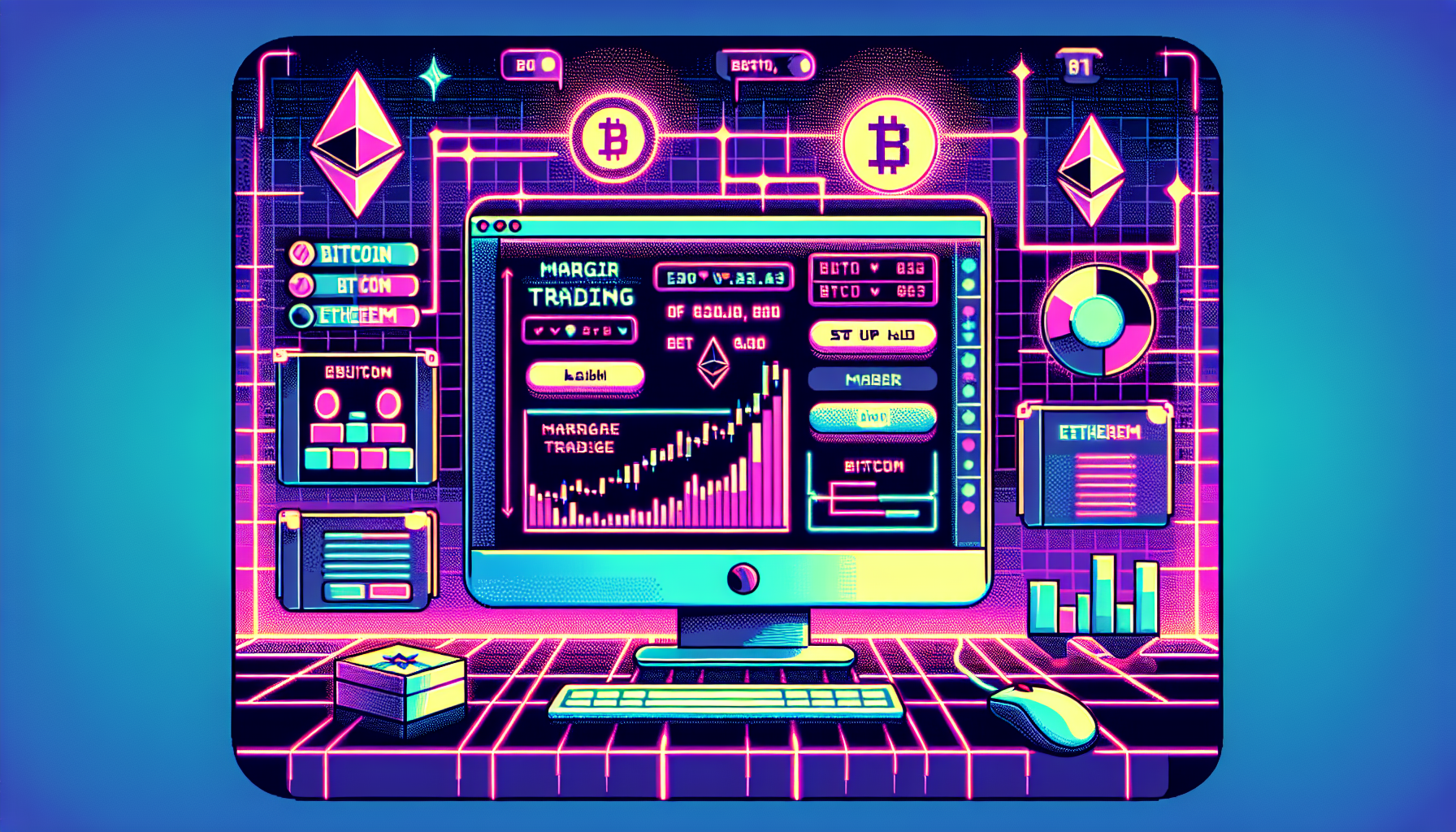 Create an image that depicts a beginner setting up a margin trading account on a cryptocurrency exchange. The image shows a computer screen displaying a user-friendly cryptocurrency exchange interface, highlighting sections for setting up a margin trading account and funding it. The background can include visual elements such as cryptocurrency symbols (Bitcoin, Ethereum, etc.) and indicators of financial data to evoke the trading environment. Use a clean, modern design with bright colors to convey a sense of professionalism and ease of use.