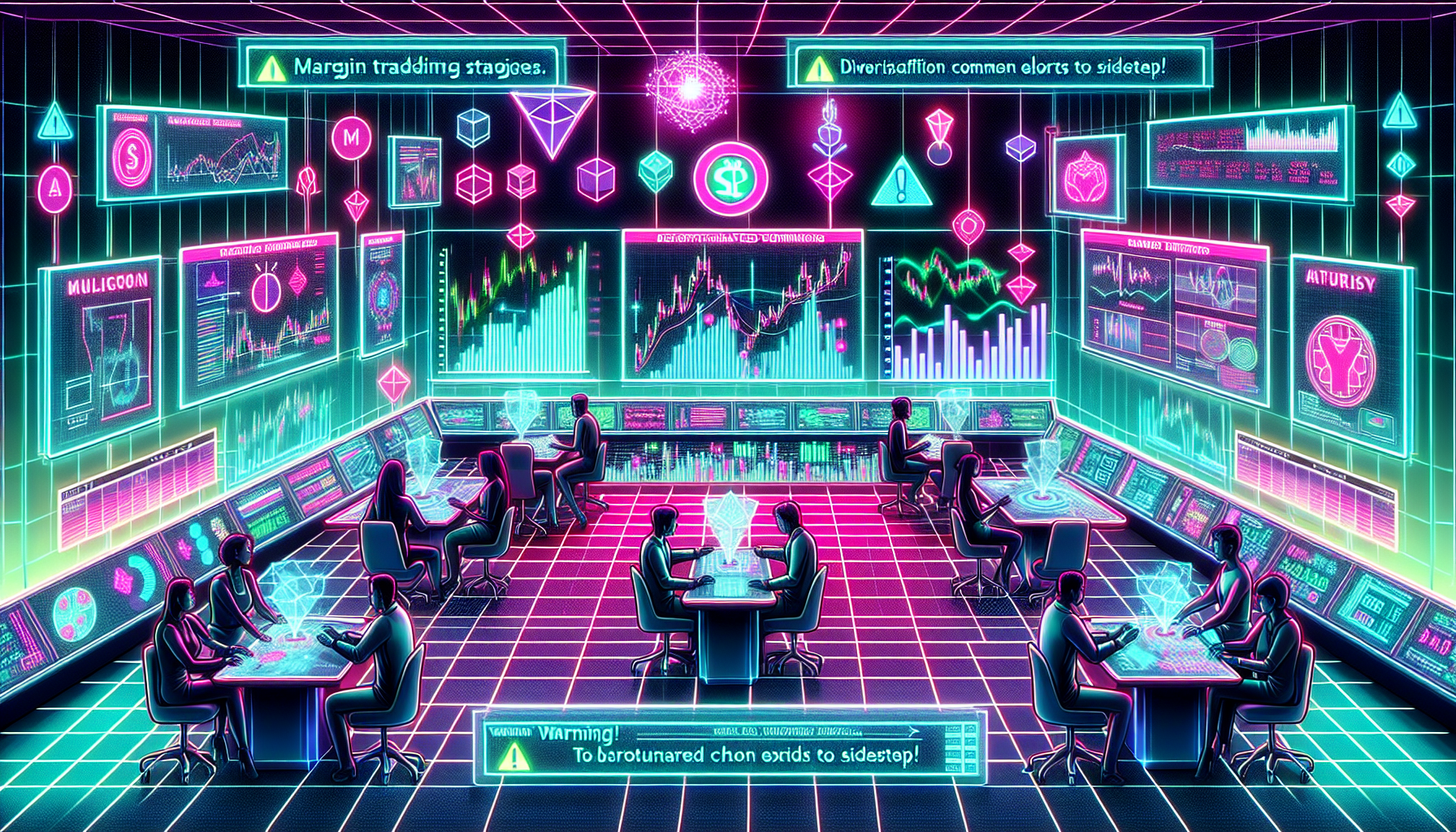 Create an image that depicts a bustling digital financial hub with a futuristic twist. In the foreground, show a diverse group of traders intensely focusing on their transparent, holographic screens, which display intricate charts, graphs, and data related to cryptocurrency. Some screens should highlight popular margin trading strategies while others emphasize risk management techniques, showing elements like stop-loss orders and diversification. One screen can have a noticeable 