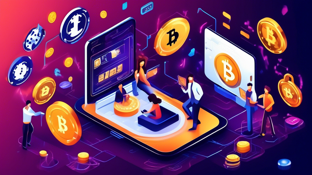 Create an image depicting the advantages of playing at online crypto casinos: show a diverse group of people playing casino games on laptops and smartphones, with enhanced privacy and anonymity represented by secure and masked user icons. Illustrate increased security with blockchain symbols and padlocks, and fast transactions with hourglasses and cryptocurrency symbols like Bitcoin and Ethereum. The background can feature a blend of digital and casino aesthetics, with a futuristic feel.