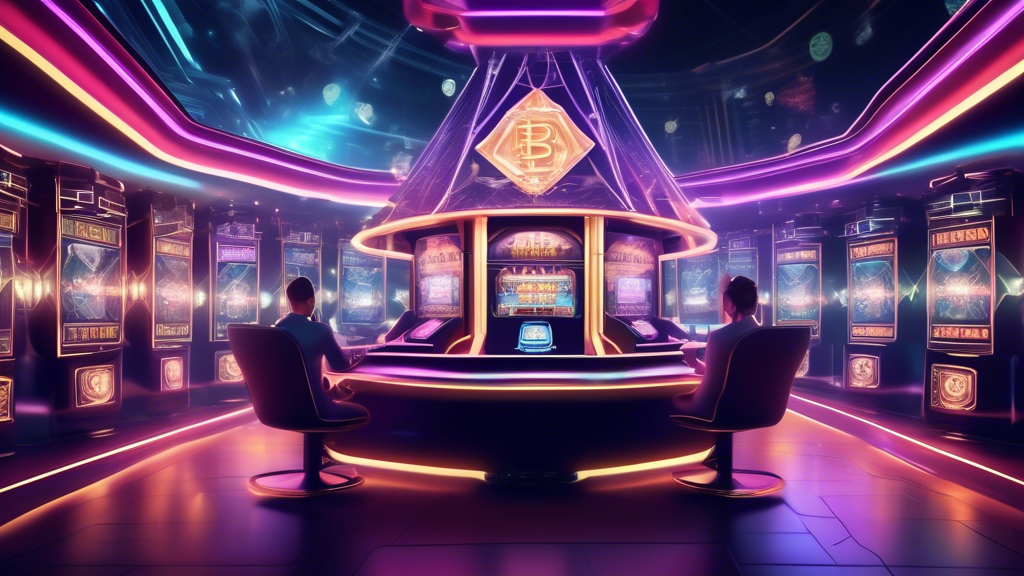 Create an image that illustrates the future trends and innovations in the online crypto casino industry. The image should envision a futuristic online casino platform with sleek, holographic user interfaces and immersive AR/VR environments. Showcase elements such as smart contracts visually represented, decentralized gaming platforms with interconnected nodes, and highlight advanced blockchain technology components. Incorporate a regulatory icon subtly in the background to suggest the role of upcoming regulatory developments. The overall theme should be futuristic, innovative, and technologically advanced.