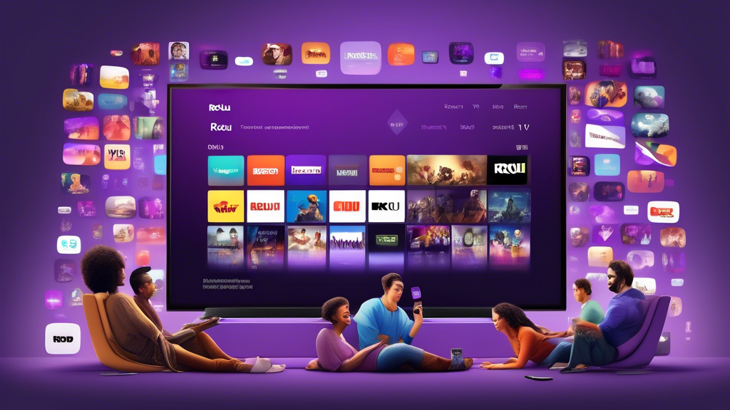 Detailed illustration showcasing the advantages of Roku TV for both users and developers. The image features a diverse group of happy users enjoying a wide selection of apps on a sleek Roku TV with an intuitive interface. Simultaneously, the image displays developers working creatively, illustrating the platform