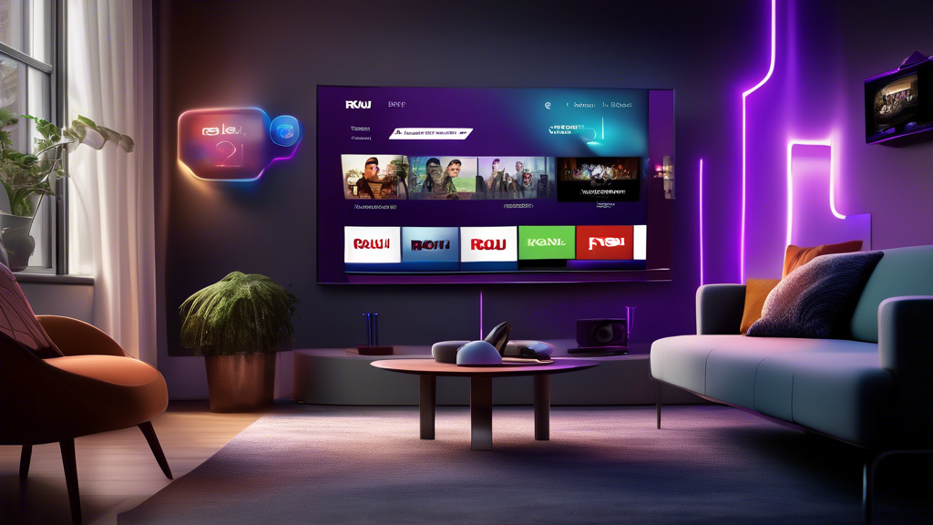 /Imagine Prompt: An image depicting the futuristic evolution of Roku TV technology. A modern living room with a sleek, ultra-thin Roku TV in the center, showcasing holographic displays and customizable interfaces. The room is filled with various smart devices interconnected with the TV, highlighting seamless media streaming and interactive features. In the background, charts and graphics illustrate the rapid advancements and competitive edge of Roku TV over other streaming platforms. Vibrant colors and a high-tech atmosphere emphasize the revolutionary impact on viewing habits and media consumption.