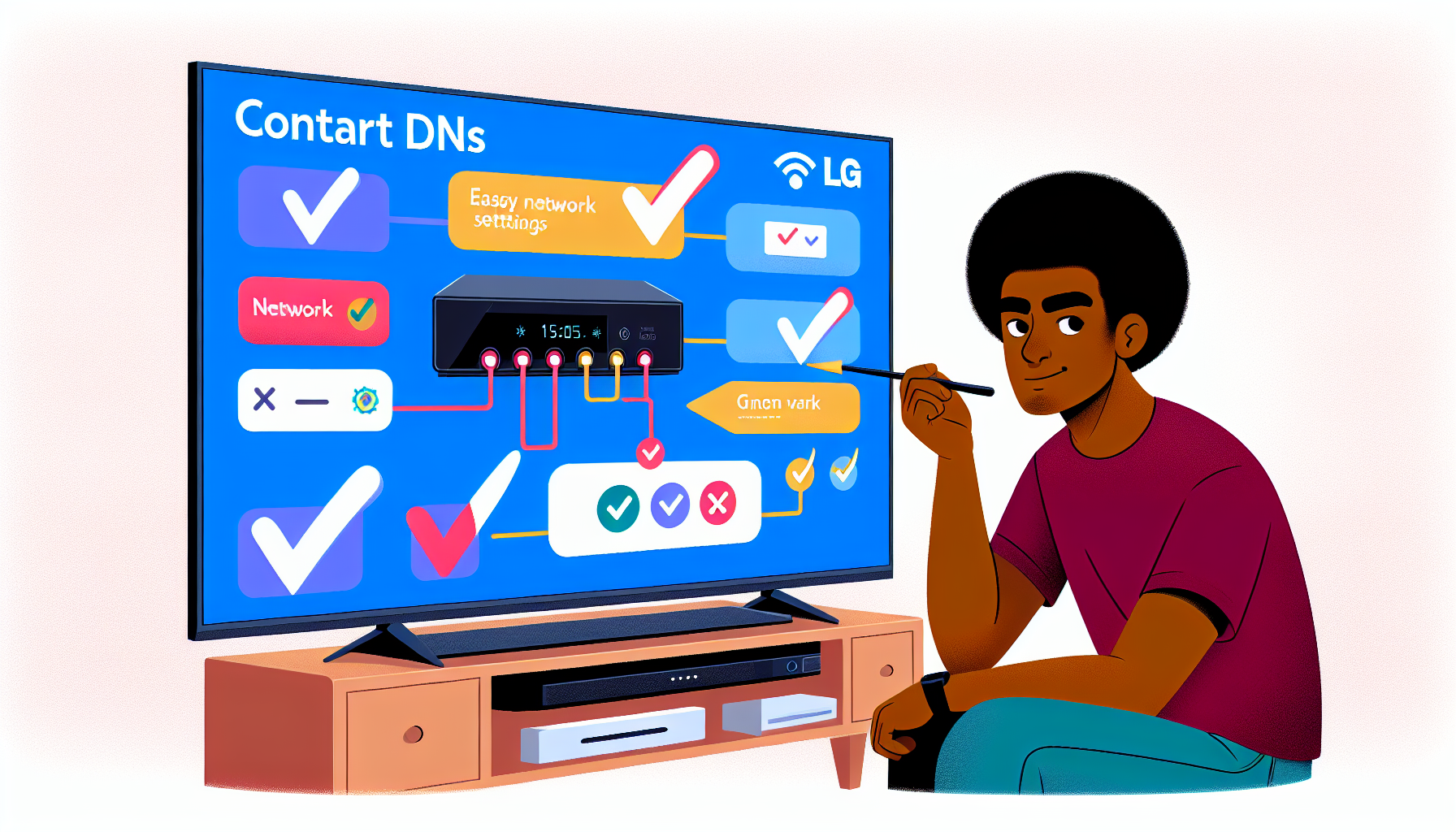 Prompt for DALL-E:

Create an image that showcases a user-friendly step-by-step guide for setting up Smart DNS on an LG TV. The image should depict the TV screen displaying network settings being accessed, then a focus on the DNS configuration with visual aids like checkmarks or arrows. Include a character who looks serene and confident, following simple on-screen instructions. The style should be modern and clean, using bright colors to highlight essential steps, making the setup process appear easy and approachable.