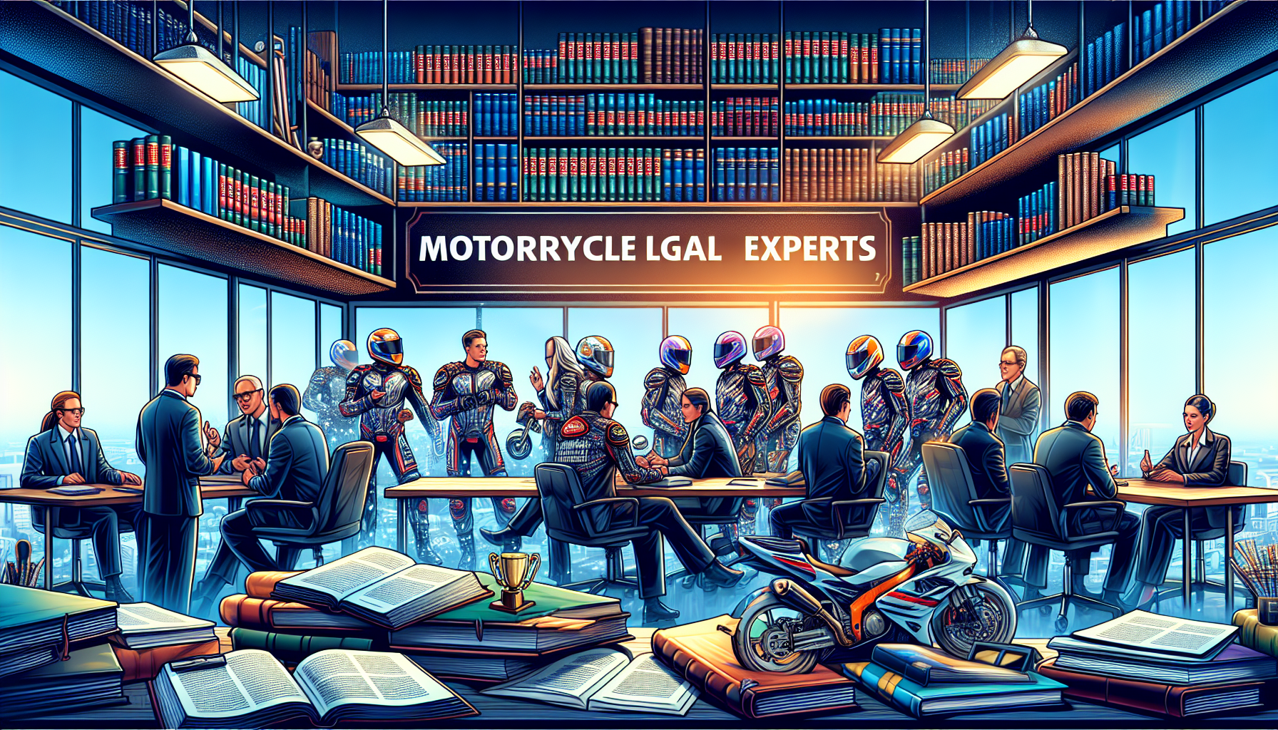 An artistically rendered law office bustling with activity, showcasing lawyers in a setting dedicated to motorcycle accident cases. A large sign reads 