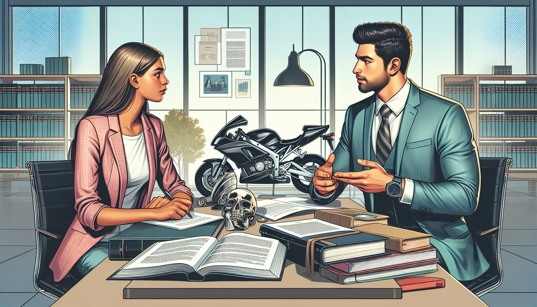 An in-depth consultation between a client and a specialized motorcycle accident attorney discussing fee structures, case management, and expected outcomes with a focus on their collaborative and communicative approach.