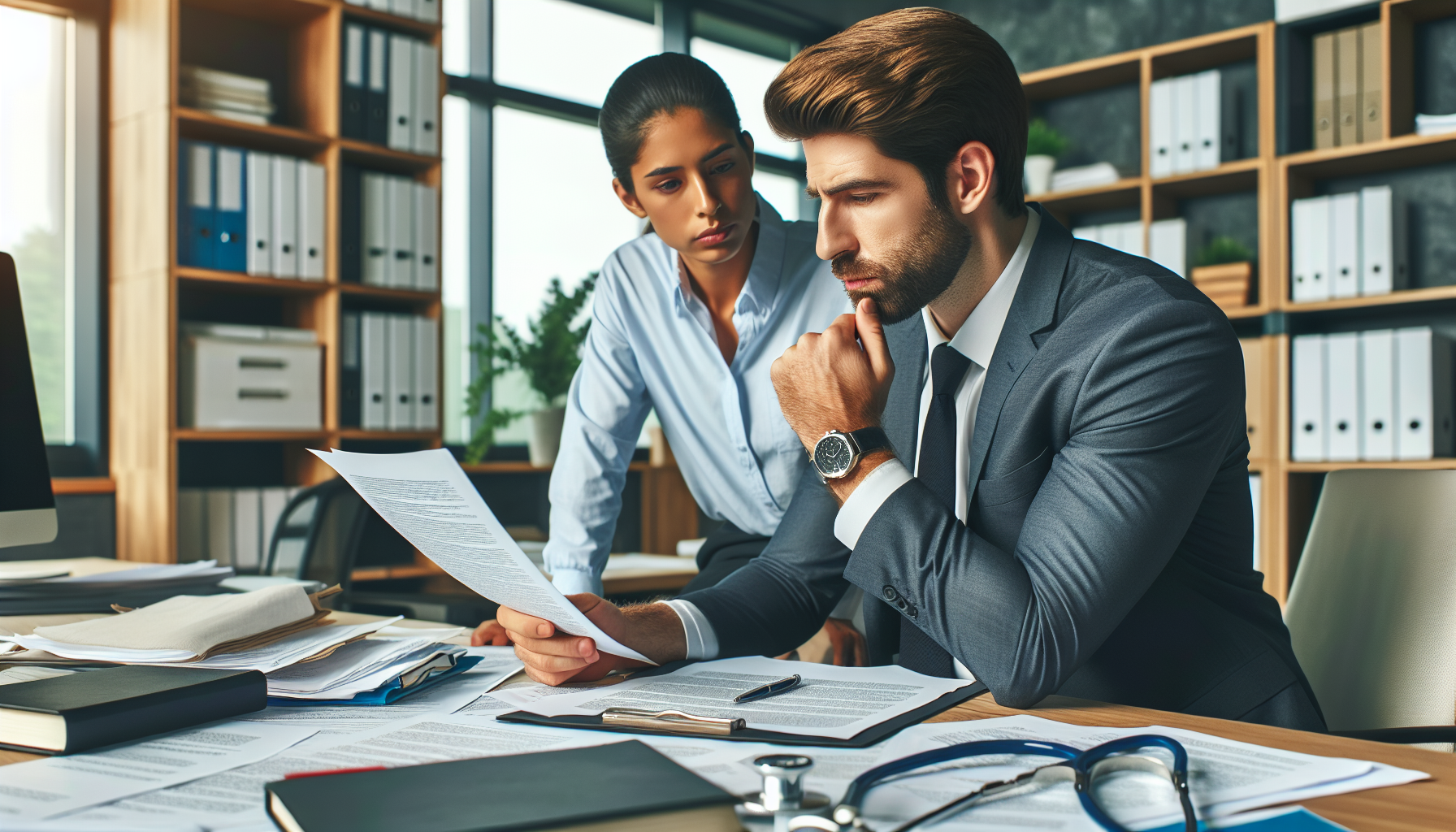 Client and lawyer brainstorming together in a well-lit, organized office with workers