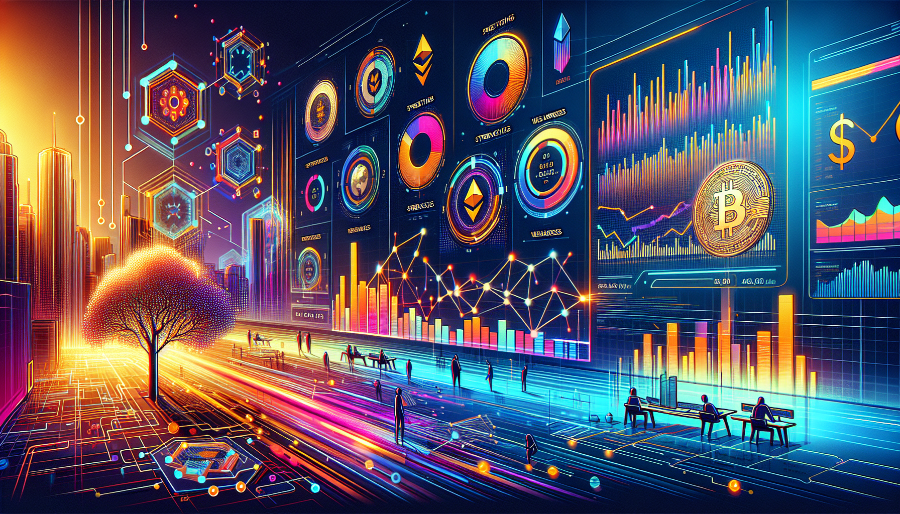 Create a DALL-E prompt for an image that aligns with outline point #2:

Create an image depicting a modern, dynamic financial dashboard displaying the performance of leading cryptocurrency coins. Include detailed graphs, comparative analytics, and performance charts for top cryptocurrencies like Bitcoin, Ethereum, and Binance Coin. The image should convey a sense of high-tech analysis and in-depth review, showcasing strengths and weaknesses with vibrant visuals and data-driven insights.