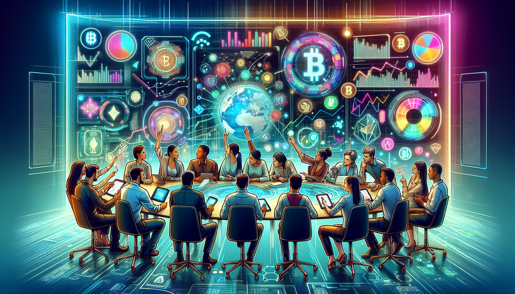 A digital illustration of a diverse group of individuals gathered around a futuristic, holographic financial dashboard. The dashboard displays various cryptocurrency symbols, charts, and analytical tools. The individuals are engaged in discussion and analysis, holding tablets and smartphones. The backdrop includes elements of a modern office and digital screens showing expert opinions and community insights on the 