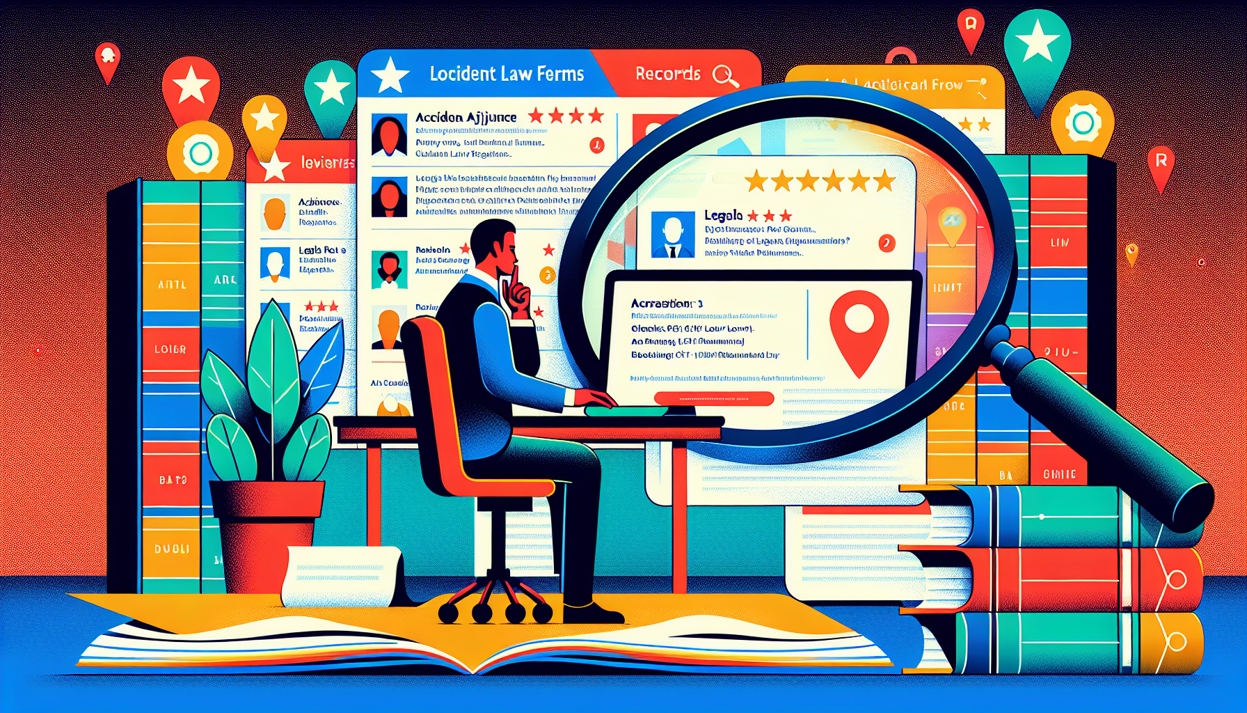DALL-E prompt: A visual scene in a library with a person researching on a computer, displaying multiple tabs open with reviews and ratings of local accident law firms. Beside the computer, there are printed pages laid out showing records from state bar associations and snippets from legal directories. Include a visual metaphor of a magnifying glass over a map pinpointing local firms, symbolizing the meticulous search process.