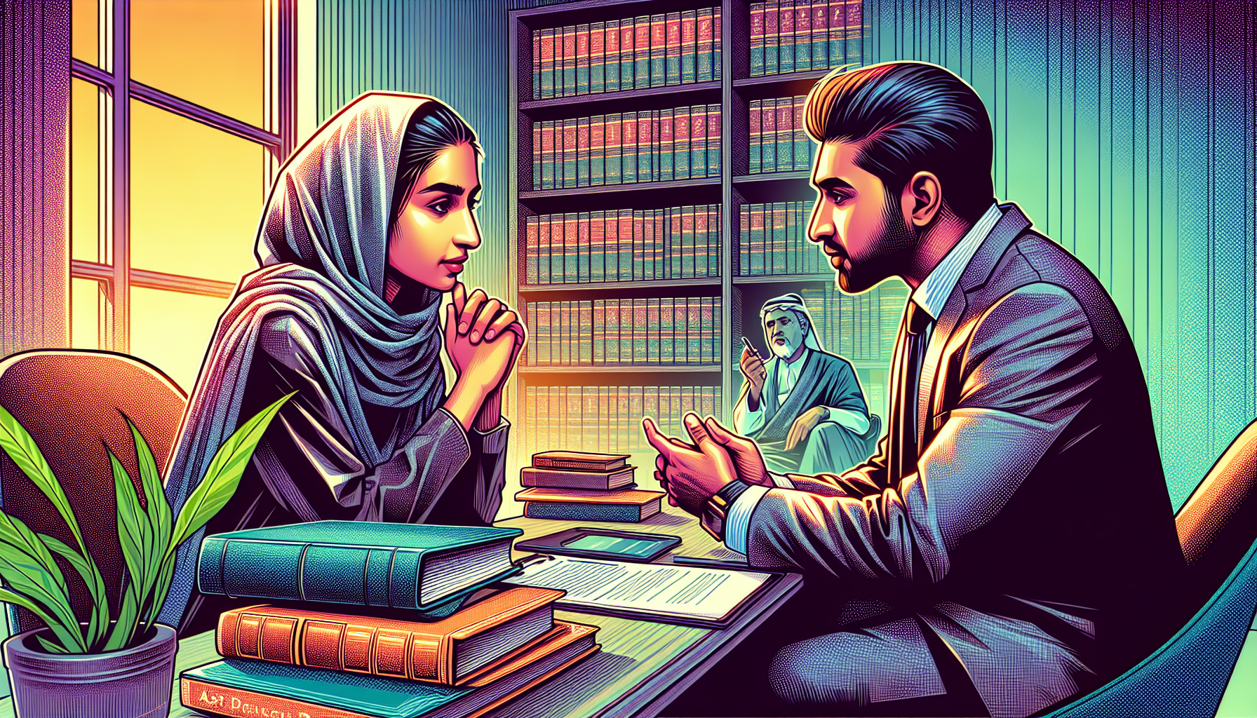 An illustrated scene depicting a potential client in a consultation meeting with an accident law attorney, asking detailed questions about experience and case success rates, with visible notebooks and legal books in the background, emphasizing the professional ambiance of the law firm