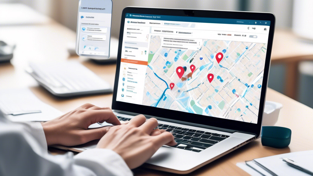 Create an image of a person using a laptop and typing CDL medical test near me in the search bar, with a map in the background showing various clinic locations marked by pins. Show icons of urgent care clinics and specialized medical centers on the map to emphasize the search results. Include some pop-up tips and checklists, suggesting questions to ask when choosing a medical provider.