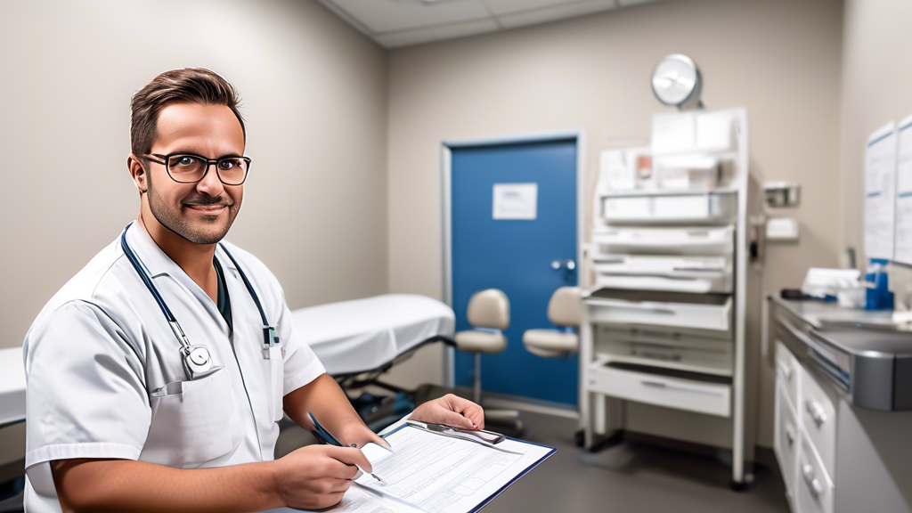 Create an image of a professional truck driver sitting in a medical examination room, holding a checklist of essential documents and preparing for a CDL medical test. The background should feature medical equipment, an eye chart on the wall, and a friendly healthcare provider ready to conduct the examination. Ensure the setting is clean and welcoming, emphasizing the driver’s preparedness and the organized nature of the test.