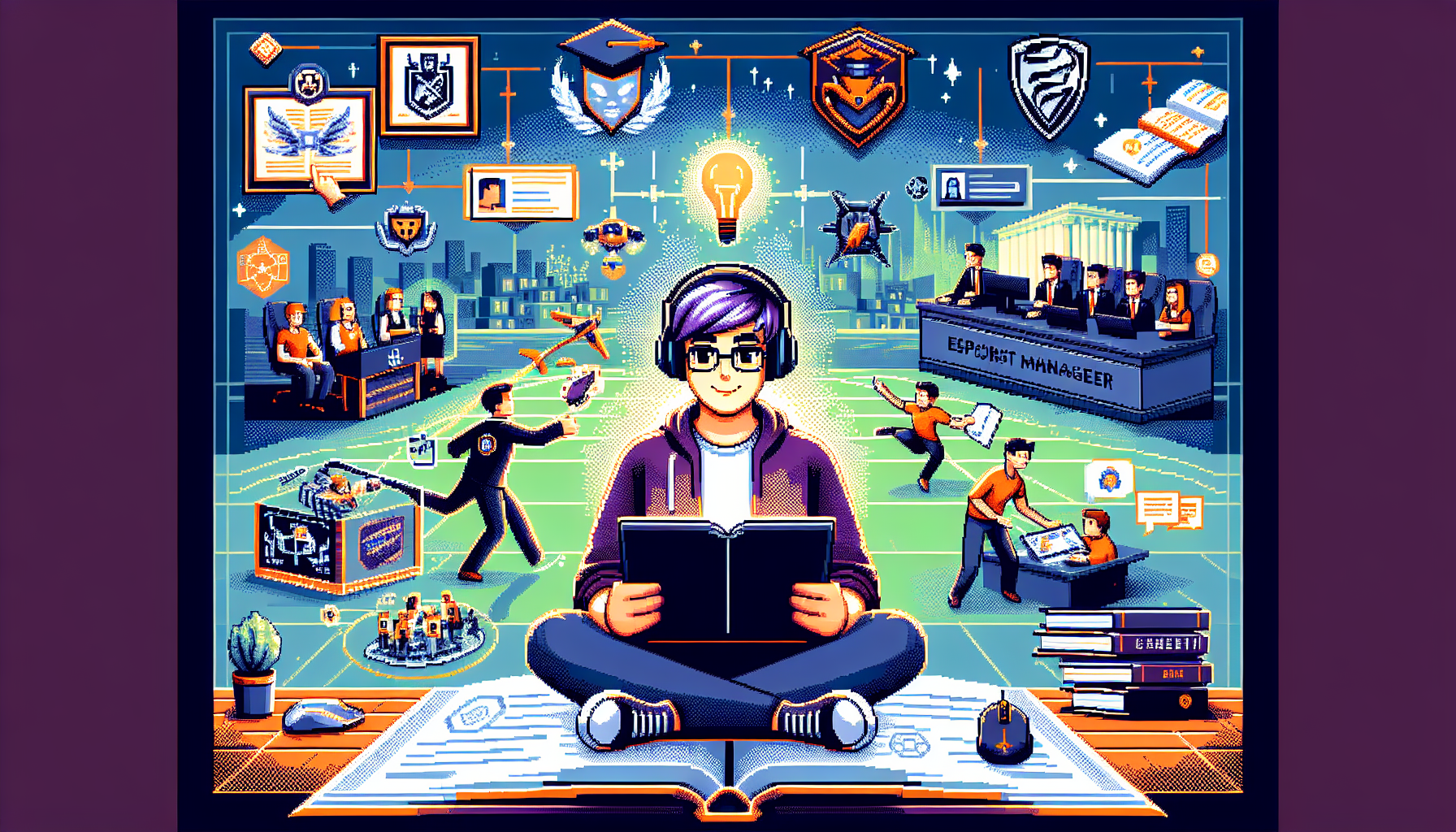 Prompt: Create an image depicting a young aspiring esports manager on their journey to success. The scene includes a blend of education, networking, and gaining practical experience. Show them participating in an online class with esports management textbooks, attending a gaming convention to network with industry professionals, and managing an esports team during a live tournament. The background should include elements like university logos, professional networking circles, and a bustling esports arena to highlight the various aspects of their pathway to becoming an esports manager.