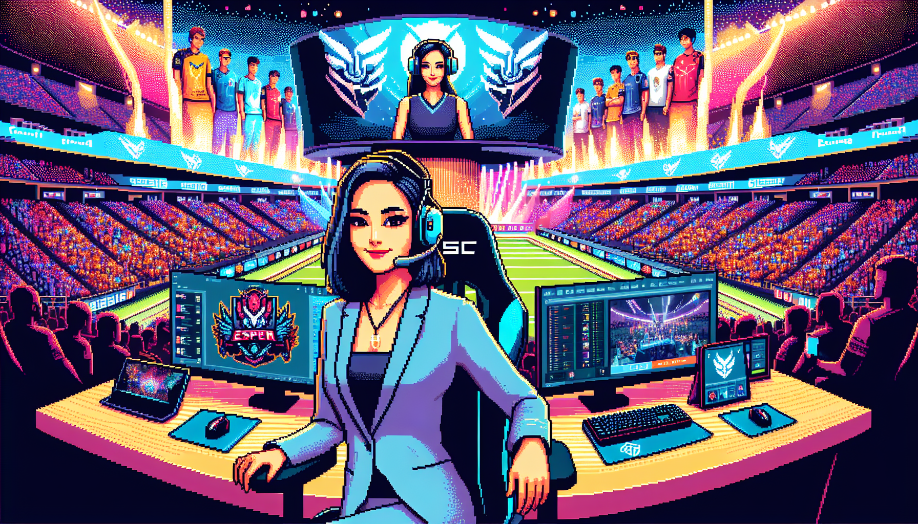Create an image of an esports manager standing confidently in front of a computer screen displaying a bustling esports tournament. The manager is depicted wearing a headset, surrounded by vibrant visuals of esports branding and an excited crowd. The background should include elements like team logos, game controllers, and scenes of intense gameplay. The image captures both the challenges and opportunities in the dynamic world of esports management.