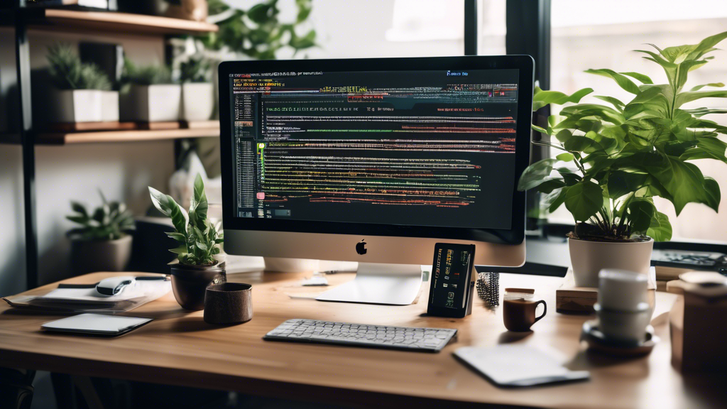 Create an image of a modern developer workspace showcasing a computer screen displaying code automation scripts and security settings, related to cloud management. The workspace should include elements like a coffee mug, sticky notes, and a plant, emphasizing a productive and organized environment. Make sure the interface elements on the screen clearly reference gcloud and tools for monitoring, debugging, and managing permissions.