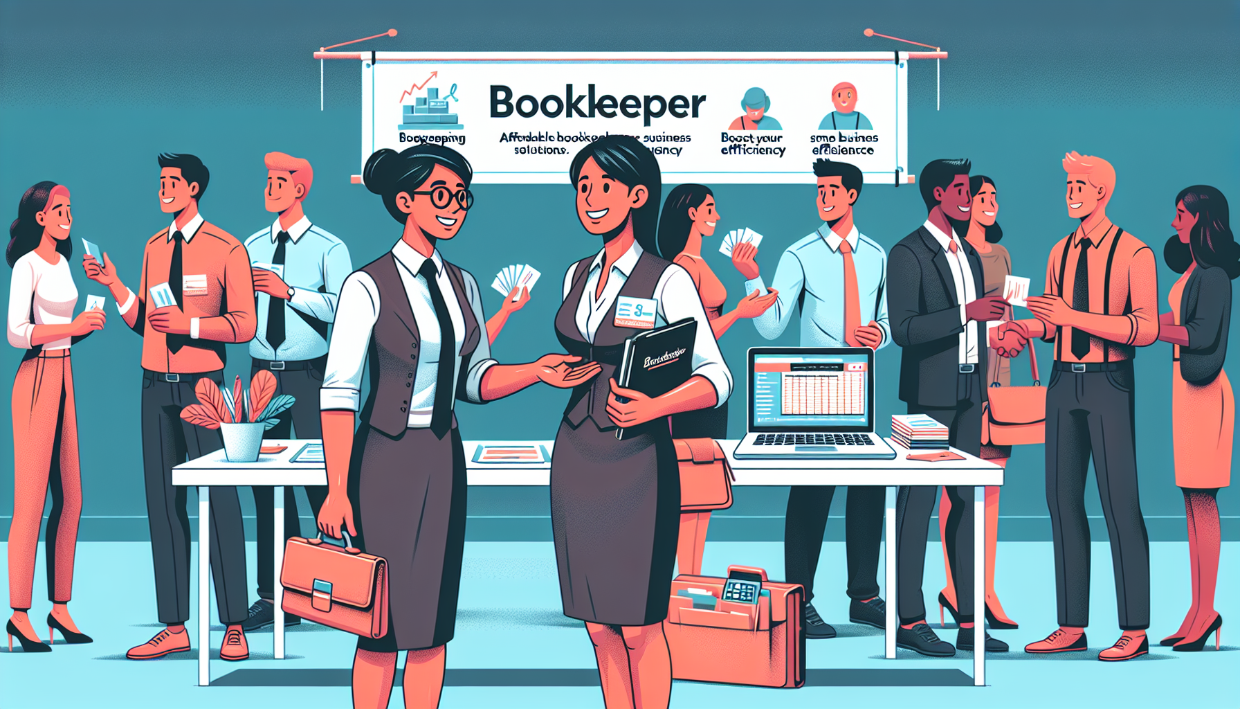 DALL-E prompt: An illustration of a friendly bookkeeper at a networking event, engaging with potential clients. The bookkeeper holds a portfolio and business cards while talking to a small business owner, with a laptop showing bookkeeping software open on a nearby table. In the background, there