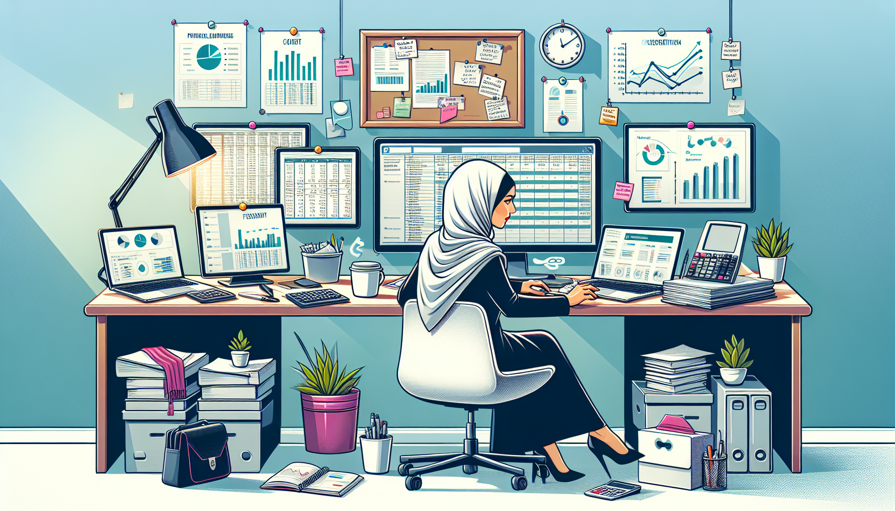 An image of a busy home office setup designed for a bookkeeping side hustle, with multiple monitors displaying financial data and charts. The scene includes a person organizing financial documents, a coffee cup, and a bulletin board filled with client notes and workflow diagrams. The atmosphere is professional yet cozy, highlighting efficient workflow processes and a focus on maintaining client relationships.