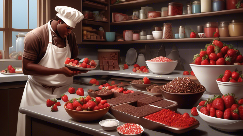 Prompt: A detailed depiction of a kitchen scene where a chef is selecting ingredients for making chocolate dipped strawberries. The picture shows an array of fresh, plump strawberries alongside various types of chocolate (dark, milk, and white), with small bowls containing assorted garnishes like crushed nuts, colorful sprinkles, and a pinch of sea salt. The chef is thoughtfully examining a strawberry, determining its ripeness and size, ensuring it is perfect for dipping. The background subtly features a neat kitchen setting with a gentle festive decoration hinting at a romantic occasion.