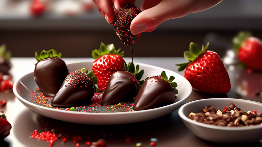 An instructional kitchen scene showing the process of making chocolate dipped strawberries, with a clear focus on an individual dipping a bright red strawberry into a bowl of glossy, tempered dark chocolate, with sprinkles and chopped nuts laid out on the countertold.