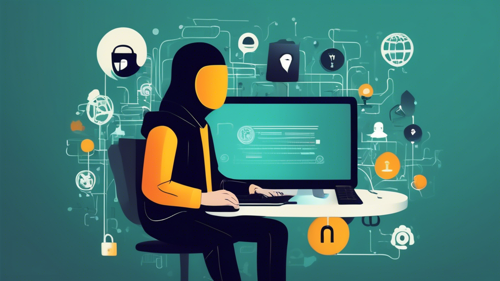 Prompt: Create an illustration that depicts the concept of online anonymity through a VPN. Show a person using their computer or mobile device with a virtual mask icon covering their digital presence. The background should include symbols of IP addresses, padlocks, and secure browsing elements. Highlight the idea of being invisible to tracking by websites and advertising networks with subtle icons or graphics representing these concepts fading into the background.