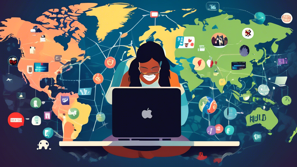 Create an image that depicts a user triumphantly accessing a variety of global streaming services on a laptop, with icons from popular platforms like Netflix, Hulu, and BBC iPlayer visible. The background features a world map with various countries highlighted to signify removed geographical restrictions. Include subtle elements such as a broken chain or barrier to symbolize the overcoming of internet censorship. Don