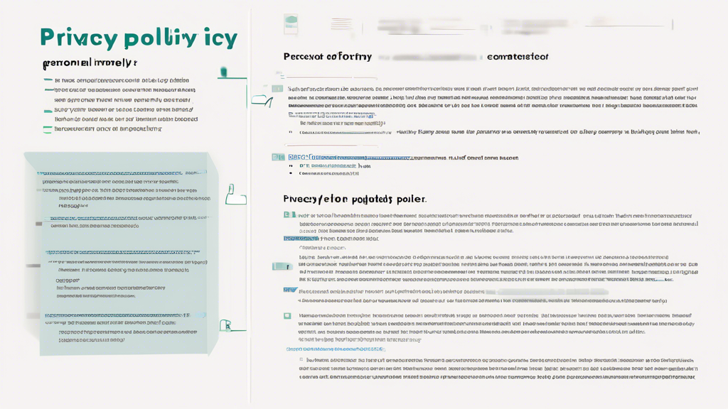 Generate an image of a digital document titled Privacy Policy with highlighted sections such as Types of Personal Information Collected, How Data is Stored, Used, and Protected, User Rights, and Contact Information for Privacy Concerns. This document should be displayed on a laptop screen on a desk, with a coffee cup and a notepad nearby for a professional yet approachable setting.