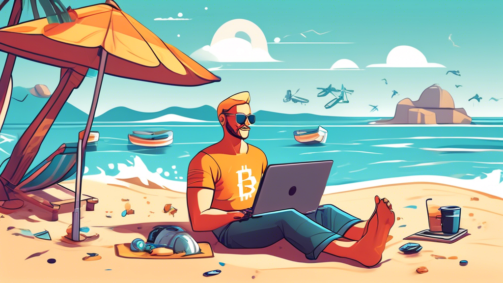 Create an image that visually represents the benefits of using the best automated crypto trading platform. Show a busy trader relaxing on a beach with a laptop, symbolizing time-saving and no need for constant market monitoring. Include graphics of advanced algorithms and data analysis running in the background, illustrating technical optimization. Add elements to suggest the reduction of human errors and emotional decisions, such as a robot trader efficiently handling transactions.